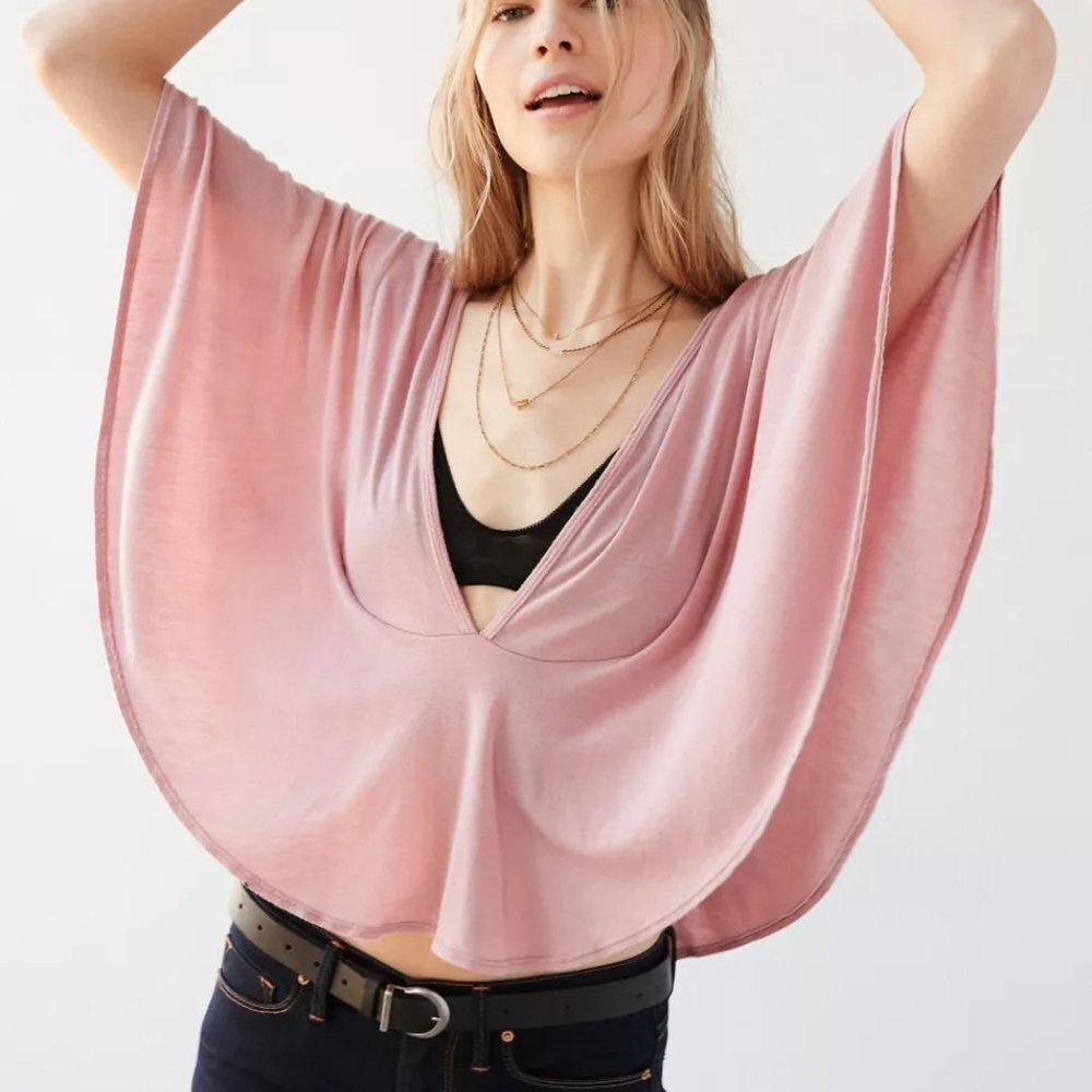 Urban Outfitters Uo Dusty Rose Pink Flutter Plunge Wide Sleeves Crop Top Tee